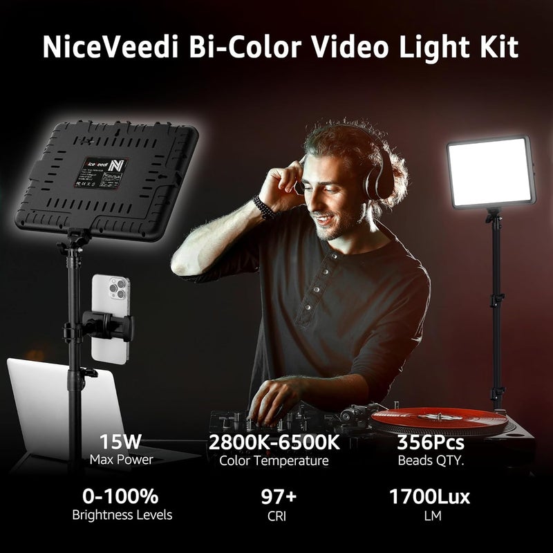 NiceVeedi 1-Pack Photography Lighting Kit, 2800-6500K Bi-Color LED Video Light Kit, Dimmable Studio Light with Tripod Stand & Phone Holder, Light for Video Recording, Game Streaming, YouTube - Image 2
